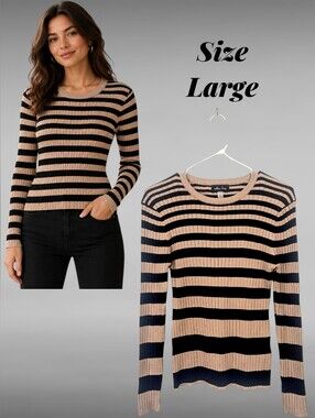 Melissa Paige Women's Black And Tan Ribbed Striped Sweater Size Large